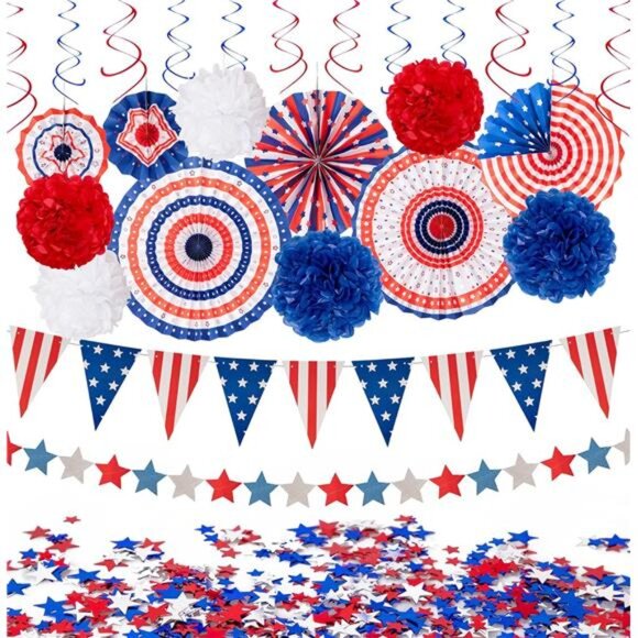 29-Piece Patriotic Party Decor Set – Red, White & Blue Fans, Poms, Banners - Picture 1 of 7